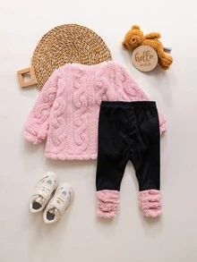 SHEIN 女婴可爱毛绒卡通图案保暖连帽衫套装，秋冬季