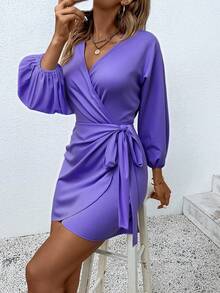 Chiquease 交疊領打結圍裹式連衣裙 - 紫色 - 查看 4