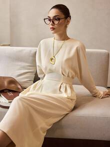 Siren Gaze 女士优雅纯色收腰长袖中长连衣裙，休闲日常穿着，秋季 - 杏色 - 查看 10