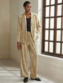 Aveloria Modichic Women's Elegant Velvet Pleated Metal Button Blazer Suit Set, Long Sleeve Top And Casual Trousers Holiday Party Clothes  - Champagne - View 3