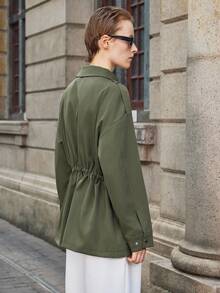 Lumivelle Business Casual Woman Fall Women Clothes Women's Solid Color Utility Pocket Drop Shoulder Cinched Waist Regular Jacket Casual Outfits Spring Clothes For University - Army Green - View 2