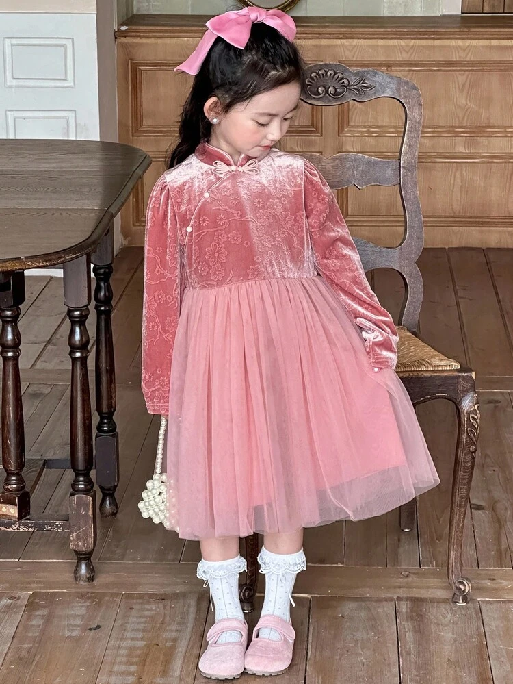Girls Young Girl Fall/Winter New Chinese Style Mesh Tulle Dress, Jacquard Velvet, Butterfly Button, Stand Collar Design, Suitable For Daily Wear, Minimalist & Fashionable