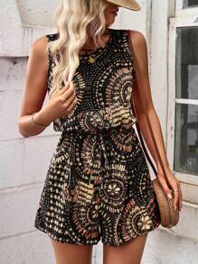 Breezaya Floral Print Knot Front Sleeveless Romper - Black - View 3