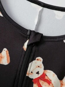 Men's Black Minimalist Cute Bear Pattern Long Sleeve Jumpsuit Loungewear Family Pajama Sets, Fall