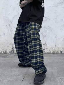 Manfinity Hypemode 宽松男士格子印花抽绳腰裤格子裤阔腿裤原宿裤垃圾裤男士宽松宽裤，2000 年代风格，适合秋季 - 彩色 - 查看 4