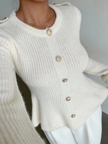 Elenzga White Long Sleeve Faux Placket Knit Sweater, Casual Commuter & Home Wear, Autumn/Winter Fall Cloth For Women - White - View 1