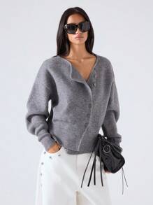 LYSMO 女式纯色落肩长袖单排扣休闲针织开衫，秋冬 - 深灰色 - 查看 1