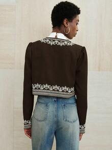 GENKIRA Women's Short Jacket With Embroidered Blue And White Porcelain Pattern, Crew Neck - Coffee Brown - View 2