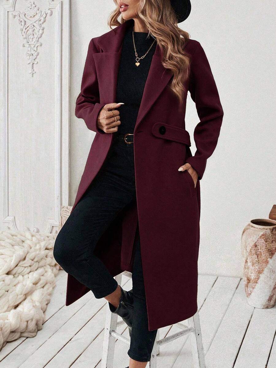 Franclia Plus Size Women Classic Casual Minimalist Lapel Cinched Waist Button Pocket Mid-Length Coat, Autumn/Winter Fall Cloth For Women Winter Autumn