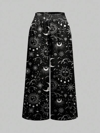 Gothic Dark Hippie Sun Moon Star Constellation Cross All-Over Print Wide Leg Pants For Women