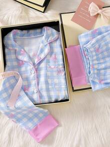 少女睡衣套装，浅蓝色格子印花，粉色蝴蝶结装饰，荷叶边饰边，撞色袖口和下摆设计，长袖上衣和裤子，优雅时尚 - 藍色 - 查看 3