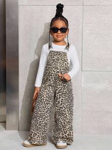 SHEIN Young Girls' Y2K Fashionable Leopard Print Denim Overalls,Fall Kid's  Casual And Comfortable  Wear,2000s Style,Back To School Clothes,Winter Clothes, Toddler Girl Leopard Overalls - Khaki - View 4