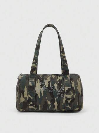 Grunge Punk Bolso de hombro casual y de moda con estampado de camuflaje y adornos de rhinestone