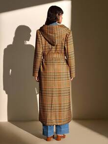 CLARA VERO Karierter Mantel mit Kapuze, Gürtel in Taille, klassischer Kragen, warmes Gewebe, stilistisch, perfekt für Herbst- und Winteroutfits - Verschiedenfarbig - Übersicht 2