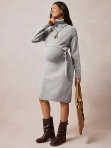 SHEIN Gaun Sweater Hamil Lengan Panjang Elegan Kerah Tinggi Warna Polos dengan Detail Lipatan di Bagian Depan, Gaya Vintage - Grey - View 8