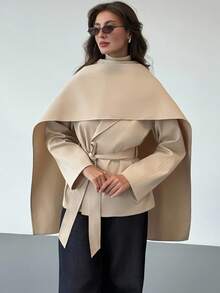 Aloruh 秋冬驼色收腰腰袋披肩领中长款女式风衣 - 卡其色 - 查看 4