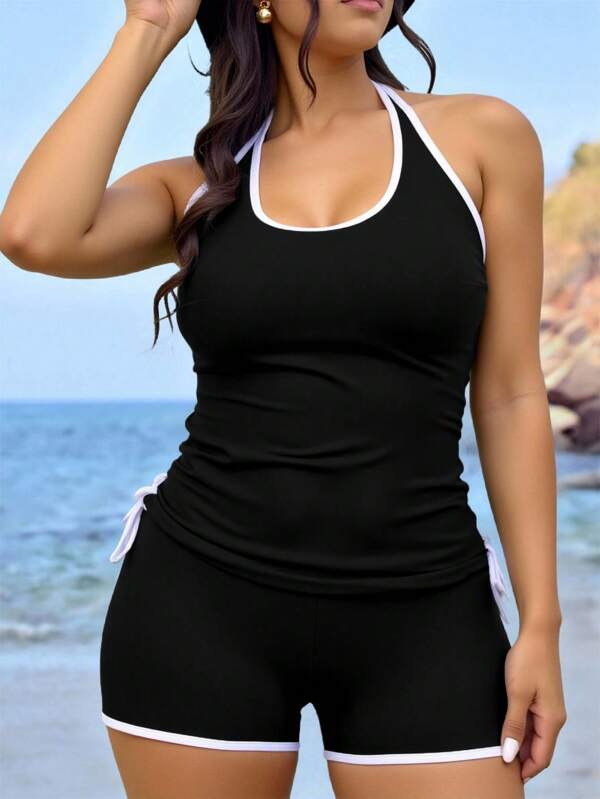 Swim SPRTY Top holgado y suelto de color contrastante con cuello redondo, tirantes ajustables, espalda cruzada y cordón en la cintura para mujer de talla grande, combinado con Bottom de bikini de cintura alta. Elegante y sexy traje de baño para vacaciones en la playa