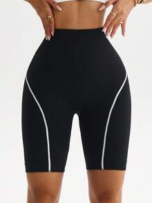 Dewbera 1 pieza Pantalones cortos básicos para correr, fitness, ejercicio y ciclismo de mujer con cintura de contraste acanalada - Blanco y Negro - Ver 2