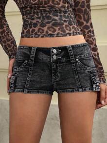 SHEIN Unity Women's Solid Color Skinny Button Pocket Sexy Denim Shorts - Black - View 4
