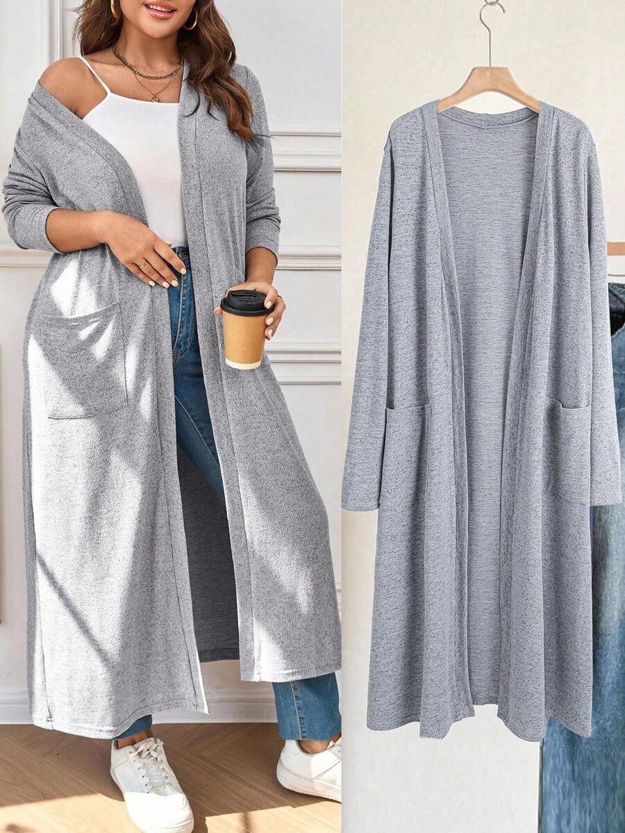 EMERY ROSE Áo khoác tay dài trơn đơn giản, thanh lịch, rộng rãi, cỡ lớn, có túi, phù hợp cho mùa xuân/thu, giáo viên, trở lại trường học - Xám - Xem 1