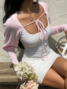Sunnyshic Women's Solid Color Front Tie Super Short Knit Cardigan, Suitable For Vacation Fall Winter Cloth For Women - Baby Pink - View 7