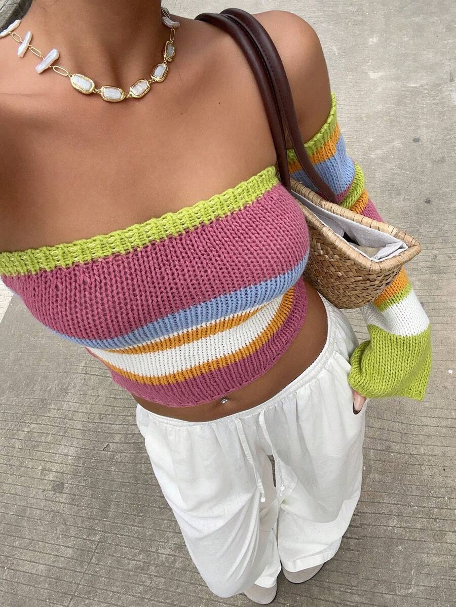 SHEIN Unity 性感拼色露肩女式毛衣 - 彩色 - 查看 1