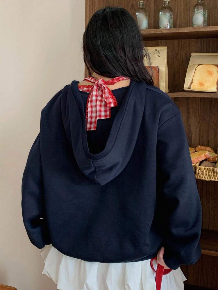 Dazy Plus Plus Size Women Casual Sweatshirt With Letter Print, Color Block Plaid Pattern, Loose Fit Long Sleeve, Autumn