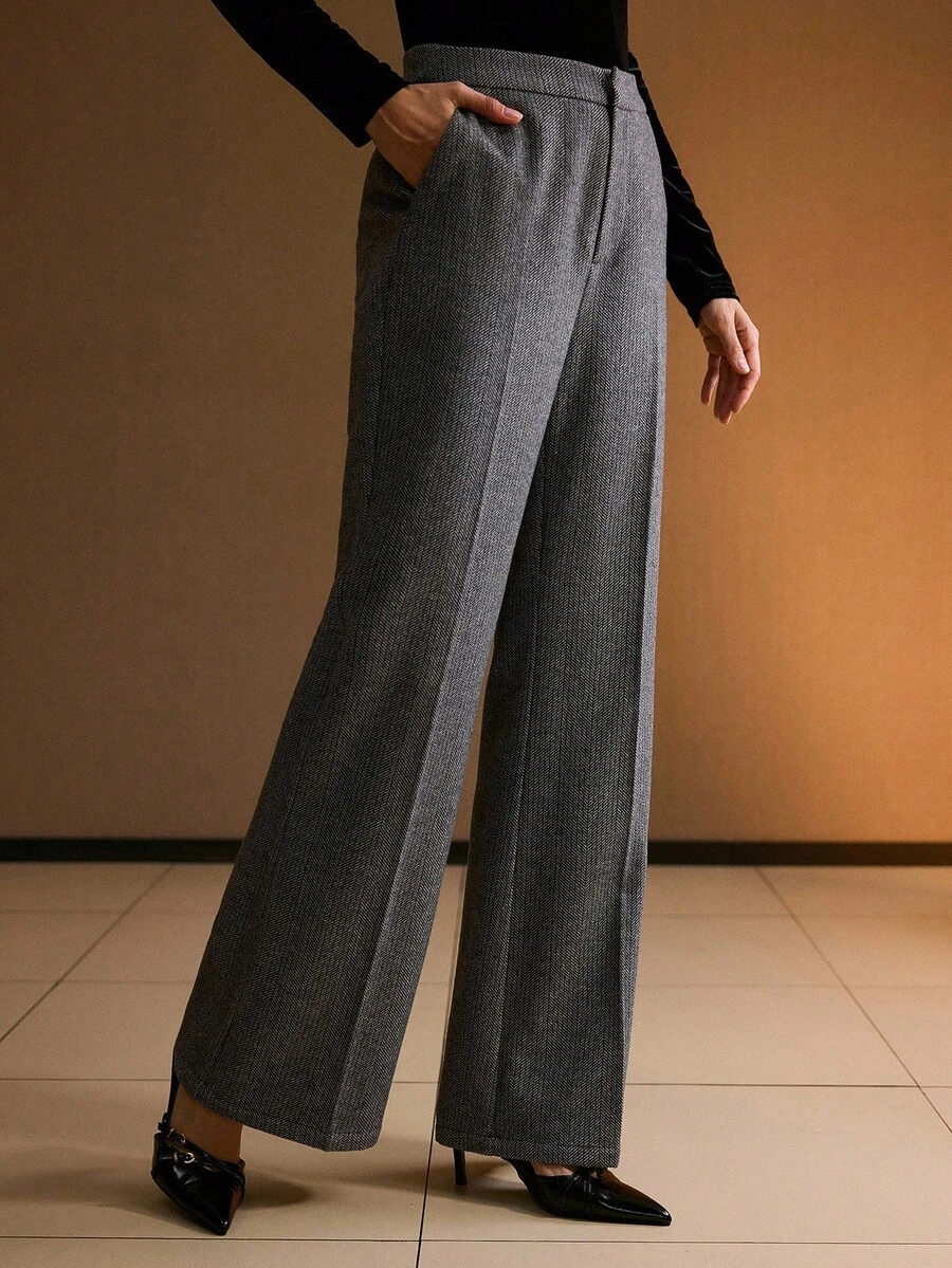MOTF PREMIUM WOOL HERRINGBONE PATTERN SEAM FRONT FLARE LEG PANTS