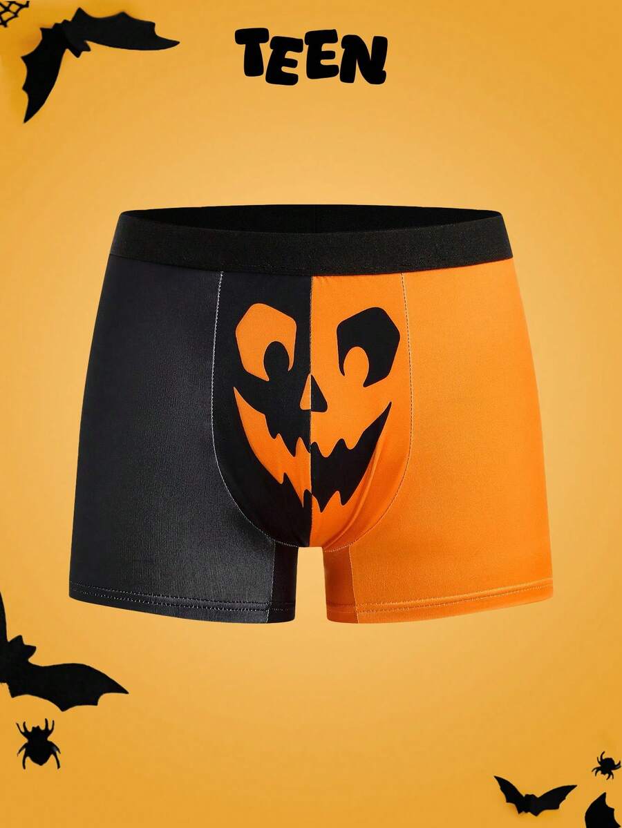 Cuecas boxer de cintura alta engraçadas com design de abóbora e diabo, em estilo patchwork colorblock, confortáveis para adolescentes e homens jovens - Multicolorido - Visão 1