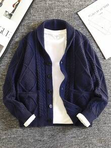 SHEIN 青少年男童休闲学院风开衫毛衣 男童 童装 男童 青少年 秋冬 - 寶藍色 - 查看 6