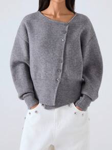 LYSMO 女式纯色落肩长袖单排扣休闲针织开衫，秋冬 - 深灰色 - 查看 3