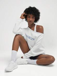 GLOWMODE Cotton-Blend Fleece Embroidered Off-Shoulder Long Sleeve Sweatshirt Fall