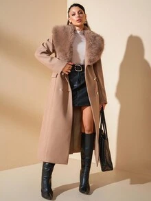 SHEIN Cottnline معطف طويل بياقة من الفرو الصناعي وجيوب وأزرار، معطف شتوي فاخر أنيق بصفين من الأزرار على الطراز الفرنسي الكلاسيكي - بيج - مشاهدة 1