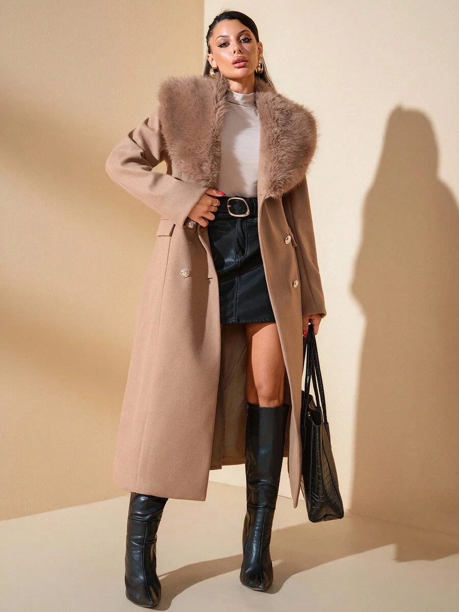 SHEIN Cottnline معطف طويل بياقة من الفرو الصناعي وجيوب وأزرار، معطف شتوي فاخر أنيق بصفين من الأزرار على الطراز الفرنسي الكلاسيكي - بيج - مشاهدة 1