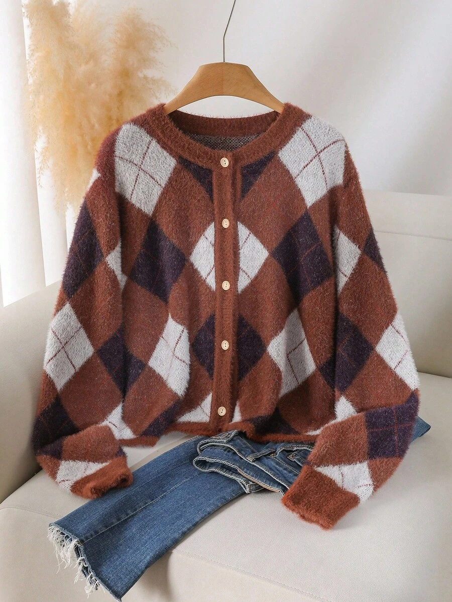CosyJoli Chaqueta de punto de mujer talla grande a cuadros, chaqueta exterior de punto holgada y casual, chaqueta de punto borrosa con patrón de diamantes y argyle para otoño/invierno