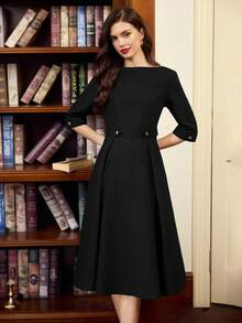 Vintamour 复古经典优雅女式连衣裙，修身船领 3/4 袖连衣裙，配有腰带和纽扣，海军蓝色连衣裙 - 黑色 - 查看 7