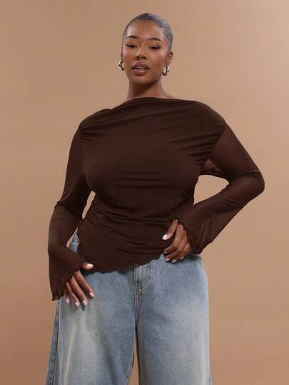 MUSERA 露肩不对称下摆修身褶皱侧边喇叭袖长袖上衣，优雅高贵，适合度假、休闲、浪漫、夜店等场合，性感冬季穿着。