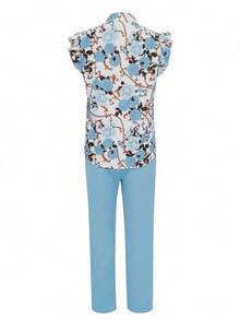 SHEIN Clasi Bộ 2 món áo sơ mi họa tiết hoa đi làm thanh lịch và quần dài màu trơn dành cho nữ (thắt lưng trang trí) - Màu xanh nhạt - Xem 2