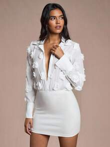 Glamine Women's Floral Patchwork Sheer Sexy Bodysuit, Long Sleeve, Elegant, Autumn Halloween White 3d Flower Shirt Rehearsal Dinner Dress White White Rose Shirt White Flower Shirt Fall Cloth For Women - White - View 4