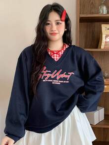Dazy Plus 大尺碼女款休閒字母印花拼色格紋鬆款長袖衛衣，秋季校園風 - 藏蓝色 - 查看 4