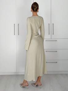 Siren Gaze Vestido de manga larga con textura de volantes de unicolor elegante para mujer, otoño - Albaricoque - Ver 3
