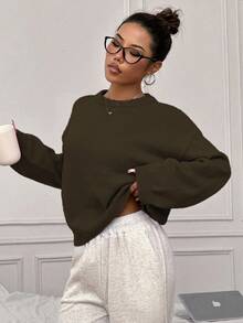 Flirla 女士纯色落肩长袖宽松休闲套头衫，秋季 - 咖啡棕 - 查看 6