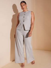 SHEIN BAE Plus Size Women's Business Solid Color Minimalist High-End Sleeveless Blazer And Pants Suit Set In Fall/Winter - Apricot - View 3
