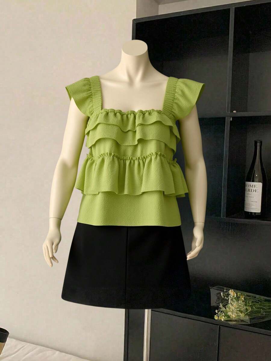 Franclia 休闲荷叶边多层无袖上衣，适合度假 - 綠色 - 查看 1