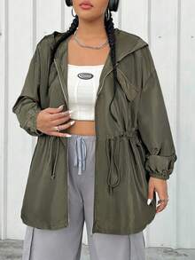 SHEIN EZwear 大码女式纯色抽绳腰连帽夹克 - 軍綠色 - 查看 3