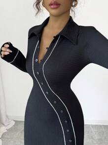 Chiquease Women's Elegant Black And White Asymmetrical Placket Knitted Shirt Collar Long Sleeve Fitted Split Hem Midi Dress For Autumn Office Wedding Guest - Black - View 7