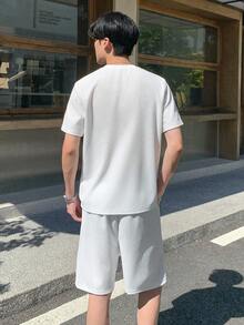 SHEIN Mirajuku 青少年/年轻男士舒适华夫格纹理面料宽松休闲 T 恤套装，适合日常休闲穿着