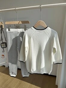 SHEIN 2pcs/Set Young Girl' Warm Thick Striped Knitted Sweater And Pants Set - Apricot - View 2