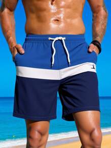 Manfinity Swimmode Men's Contrast Color Drawstring Waist Pocket Casual Beach Shorts - Blue - View 5