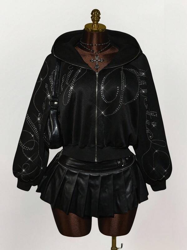 Amplova Sudadera con gráfico de taladro caliente de talla grande estilo Y2K, chaqueta negra gótica, chaqueta Y2K, ropa de otoño e invierno para mujeres